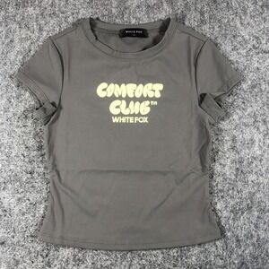 White Fox Shirt Womens Small Gray Comfort Club Graphic Cropped Tee Top Stretch